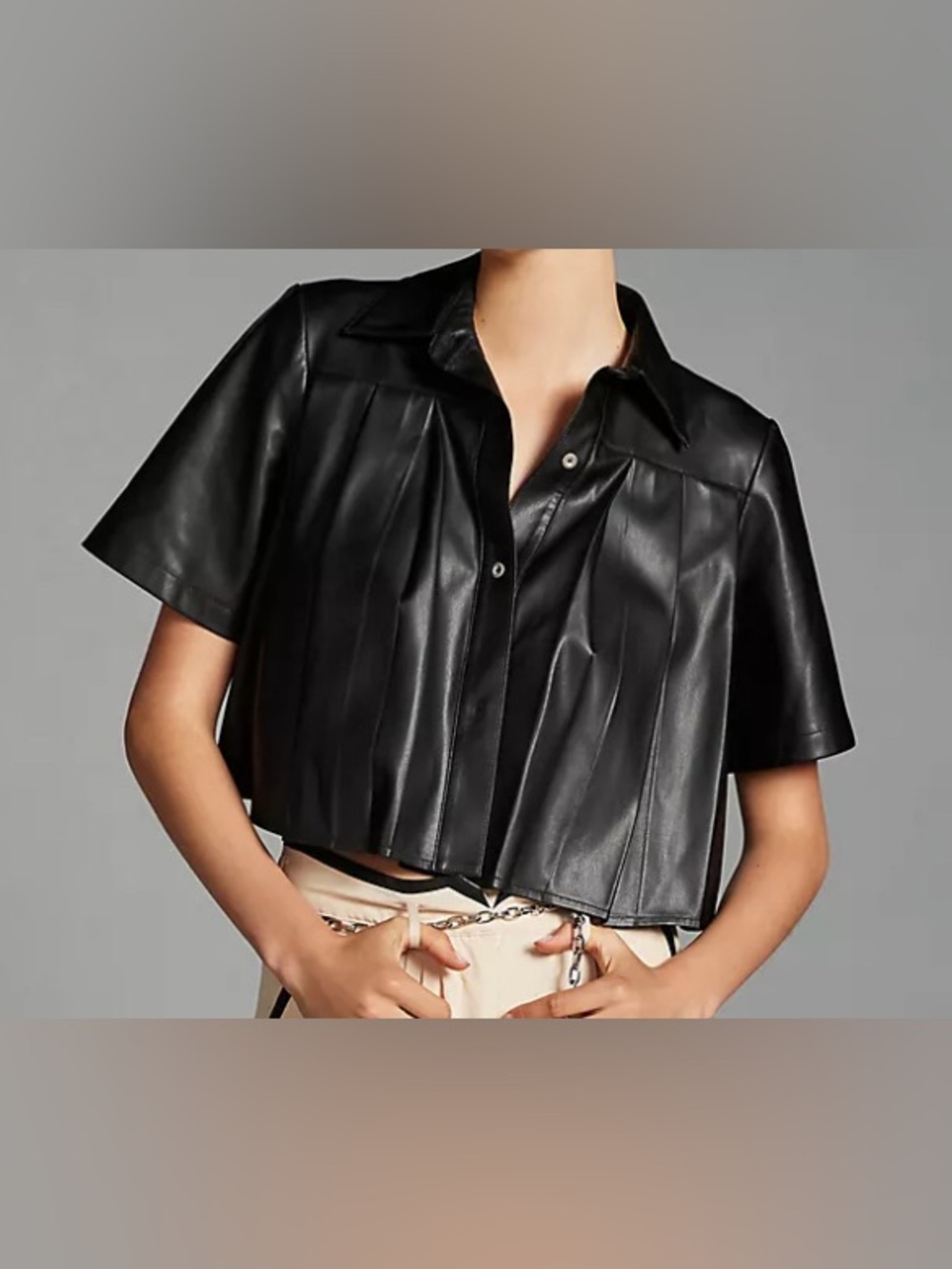 Maeve by Anthropologie pleated button down faux leather shirt woman Sz Medium